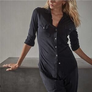 James Perse Sheer Slub Side Contrast Panel Black Cotton Top 2 Medium